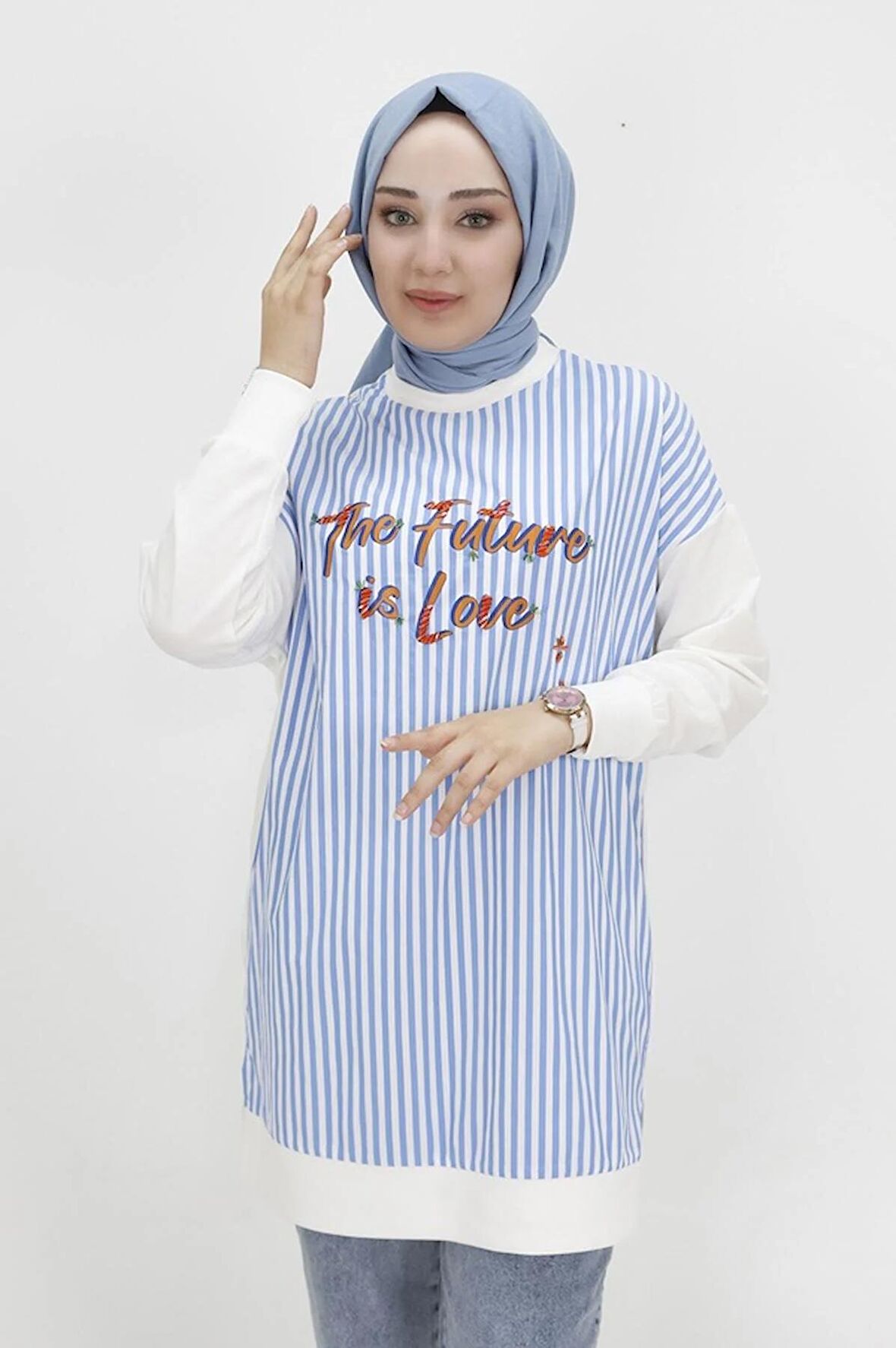 CYLN10476 PUANE İKİ İPLİK KUMAŞ YAZI BASKILI VE ÇİZGİLİ SWEATSHIRT