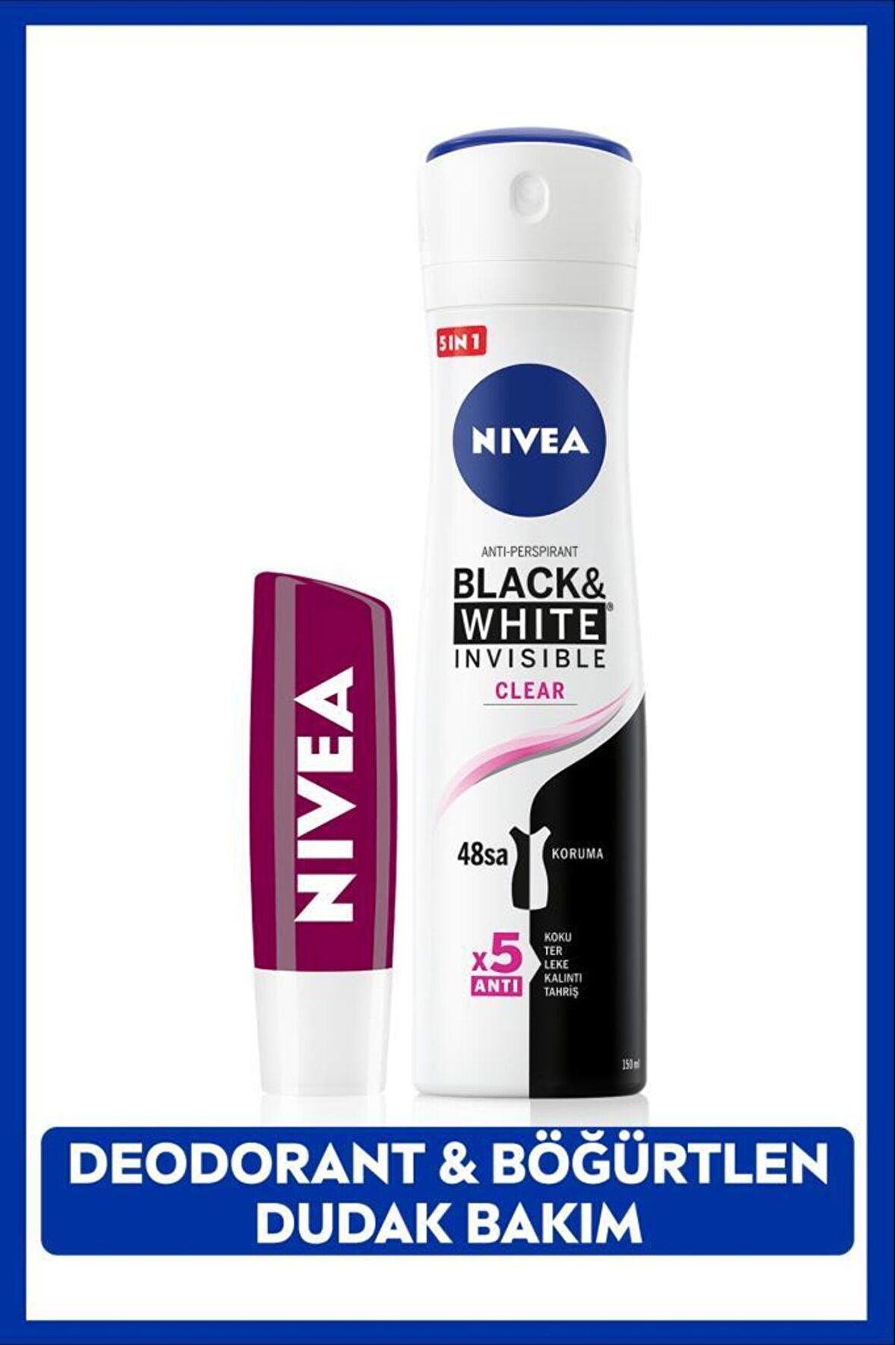 Nivea Kadın Sprey Deodorant Black&White Clear, 48 Saat Koruma ve Nemlendirici Böğürtlen Dudak Bakım Kremi