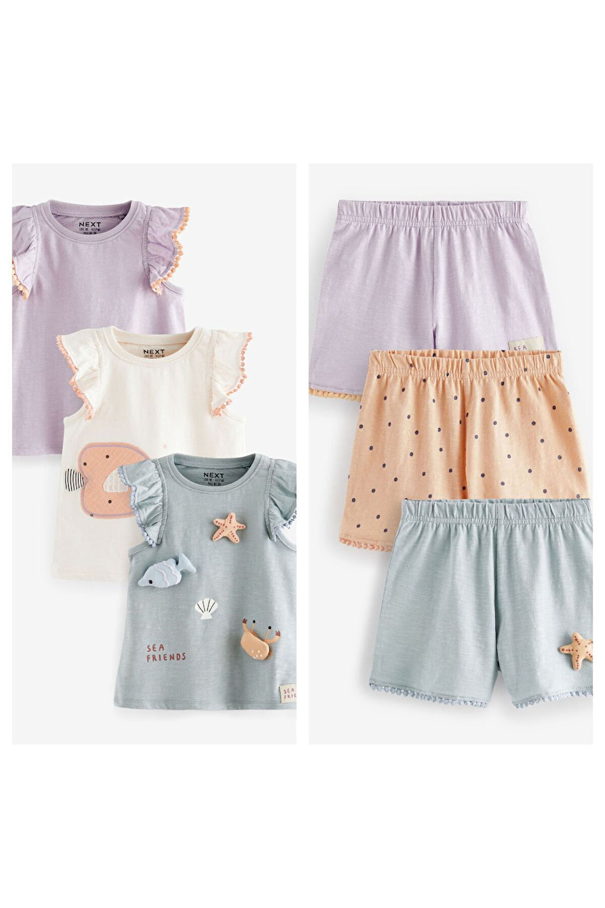 Next Baby Pamuklu Mavi Lila Deniz Canlıları Desenli Kısa Kollu 3’lü Şortlu Alt Üst Takım