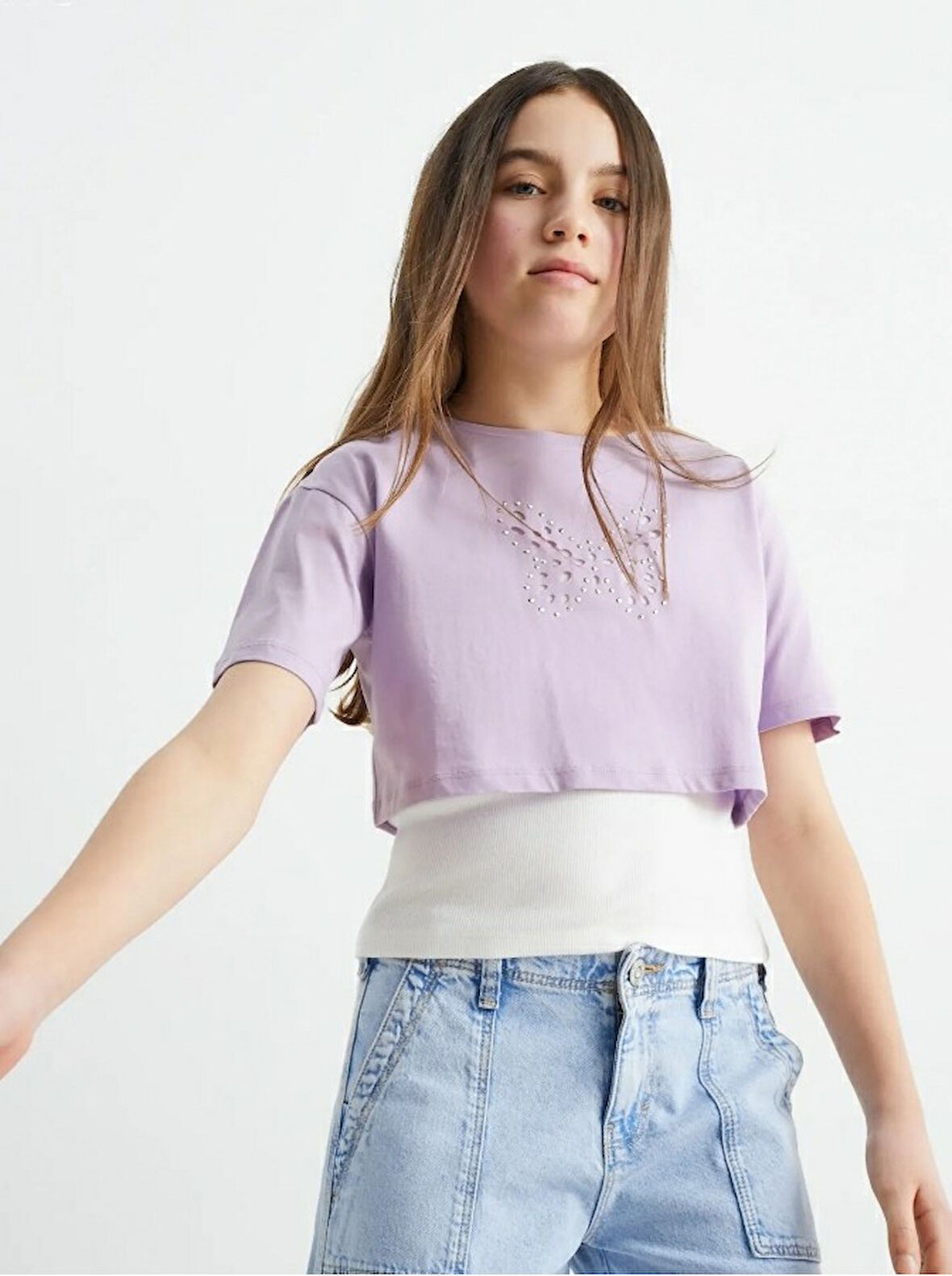 Kelebekli Taşlı Kız Çocuk Crop Set