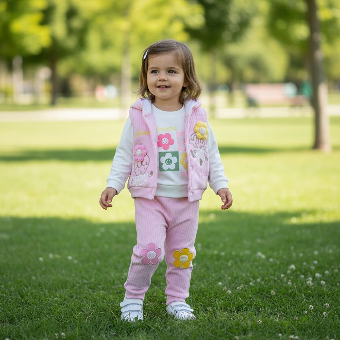 Çiçek Nakışlı Yelekli Kız Bebek Alt Üst Takım