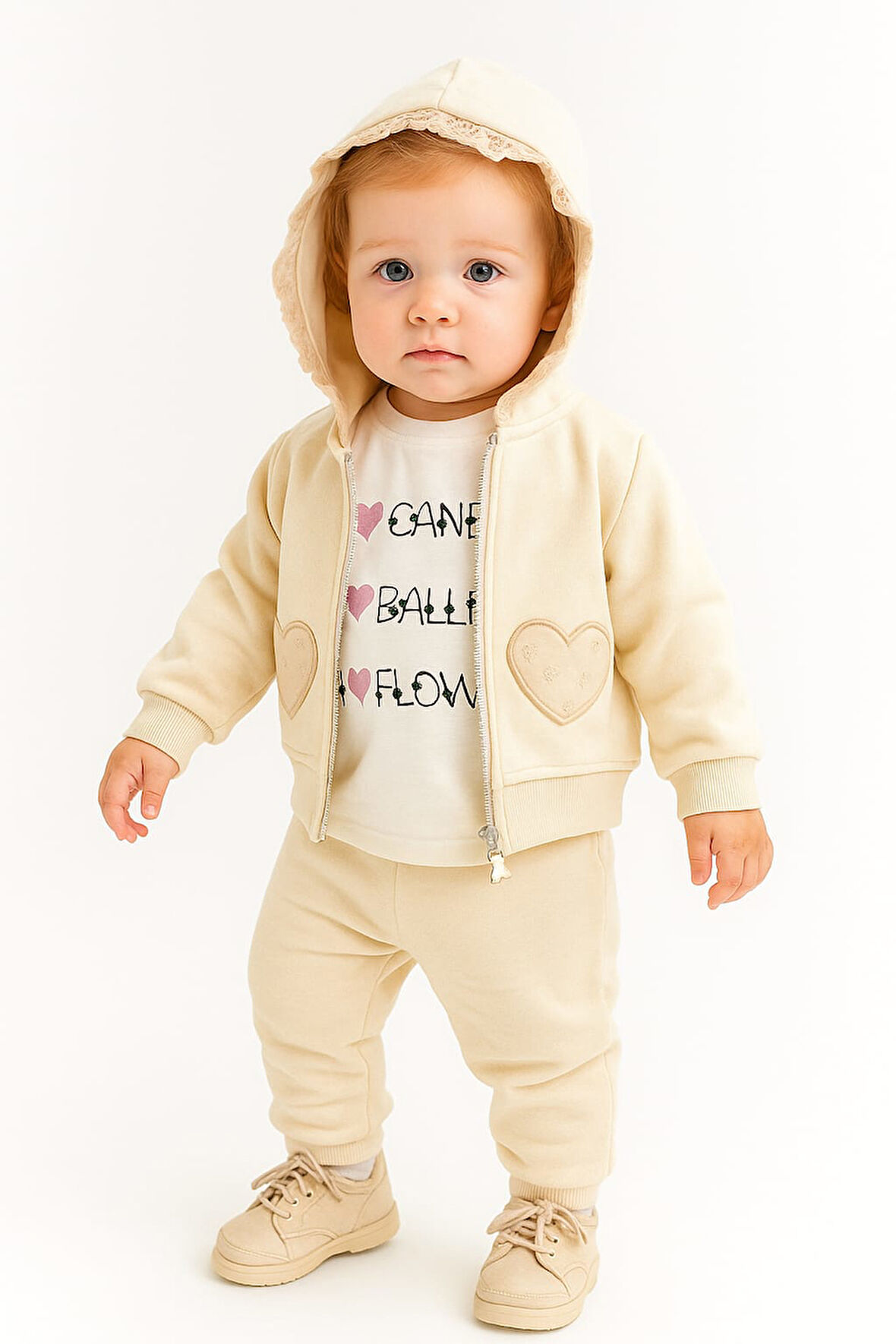 Kalp Nakışlı Hırkalı Kışlık Kız Bebek Eşofman Takım 3lü Set