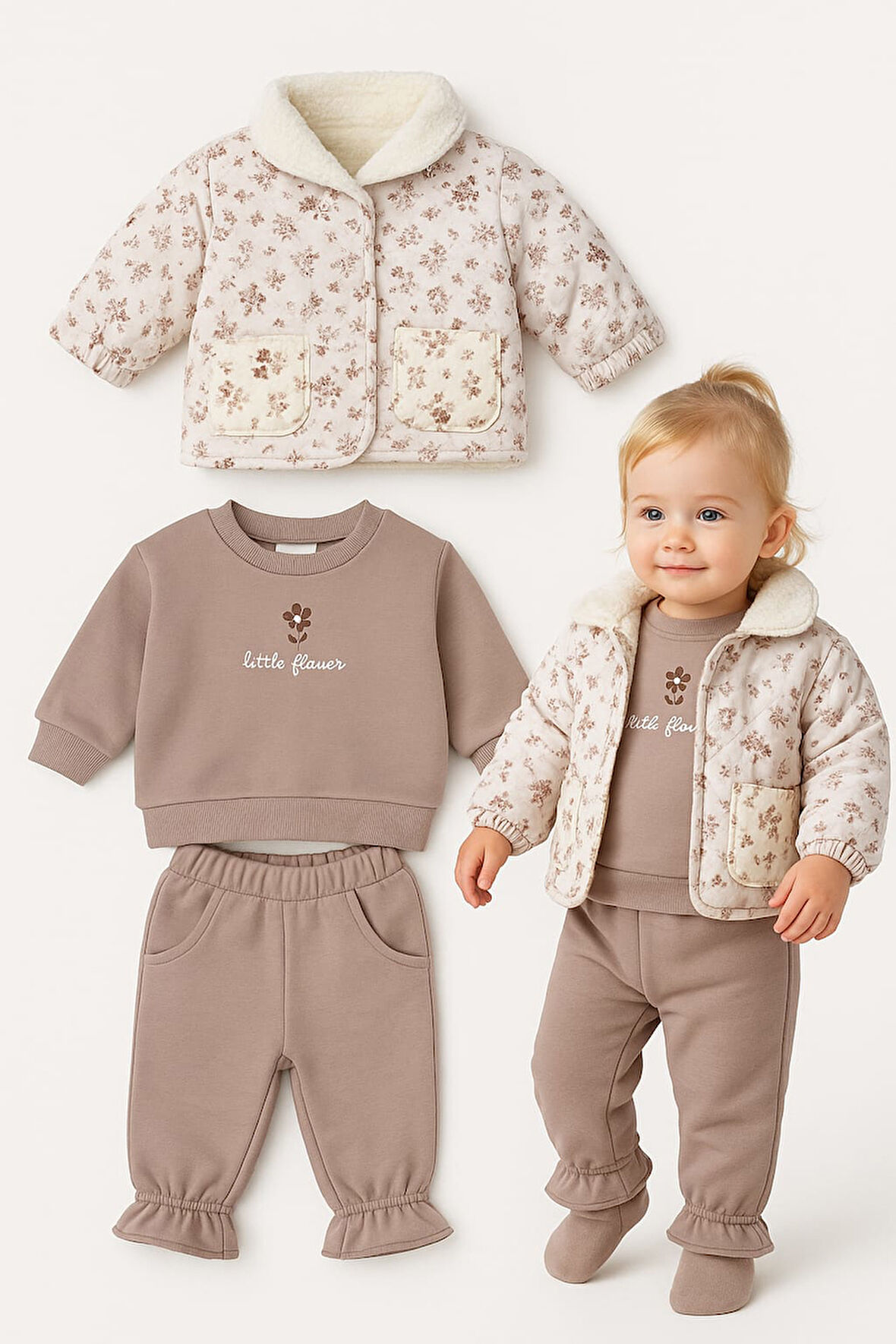 Çiçekli Montlu Kız Çocuk Kışlık Takım