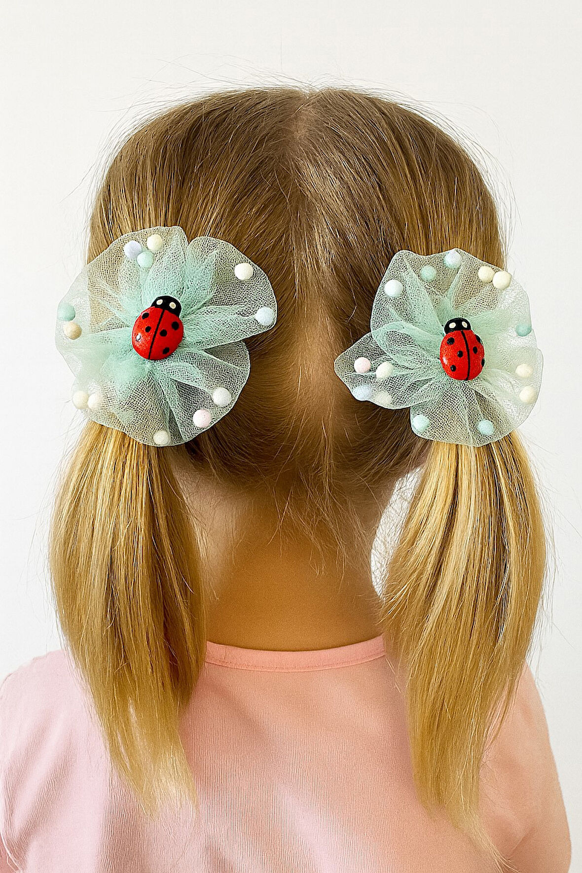 İçi Ponponlu Uğur Böcekli Kız Çocuk Lastikli Toka 2li