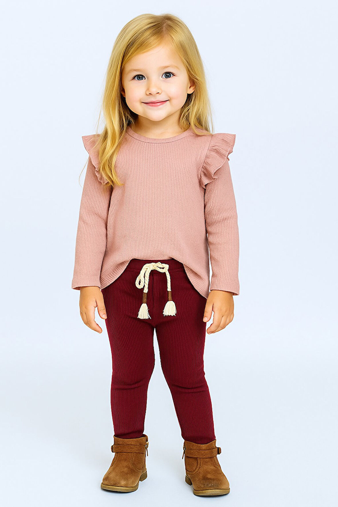 Omuzu Fırfırlı Kız Çocuk Taytlı Takım
