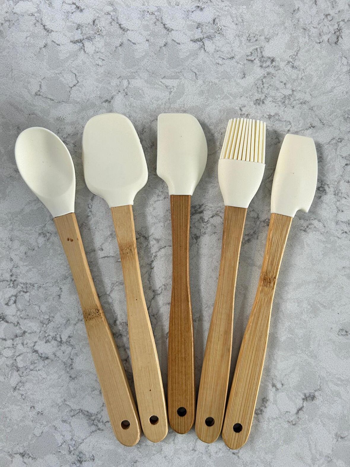 Bambu Saplı Silikon Spatula Takımı 5 Parça Minimal Set Krem Renk