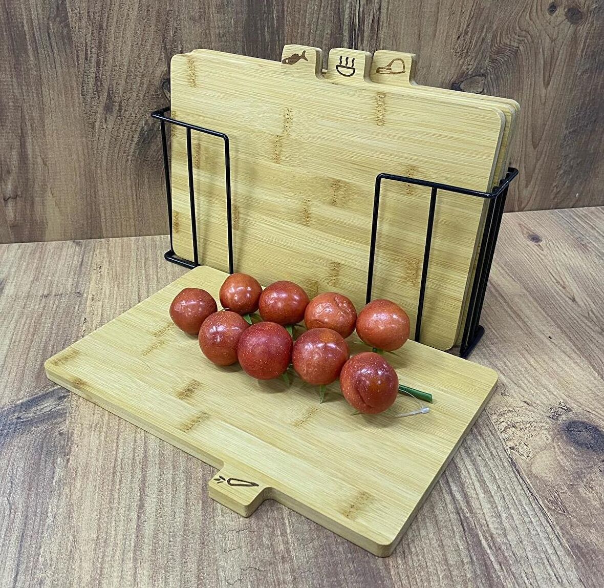 Kesim Tahtası Seti Metal Standlı Kesme Tahtası Bambu