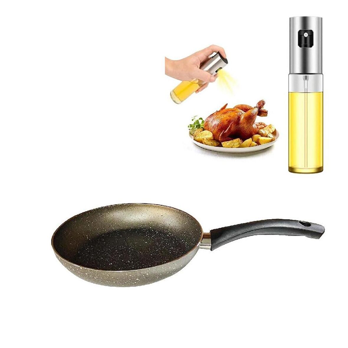 Mehtap Kuvars Granit Tava 30 CM ve Sprey Yağdanlık