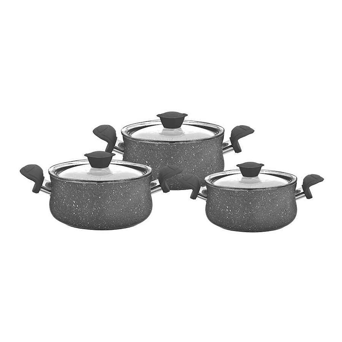 Granit Güveç Set 3lü Granit Mini Tencere Takımı Cam Kapaklı