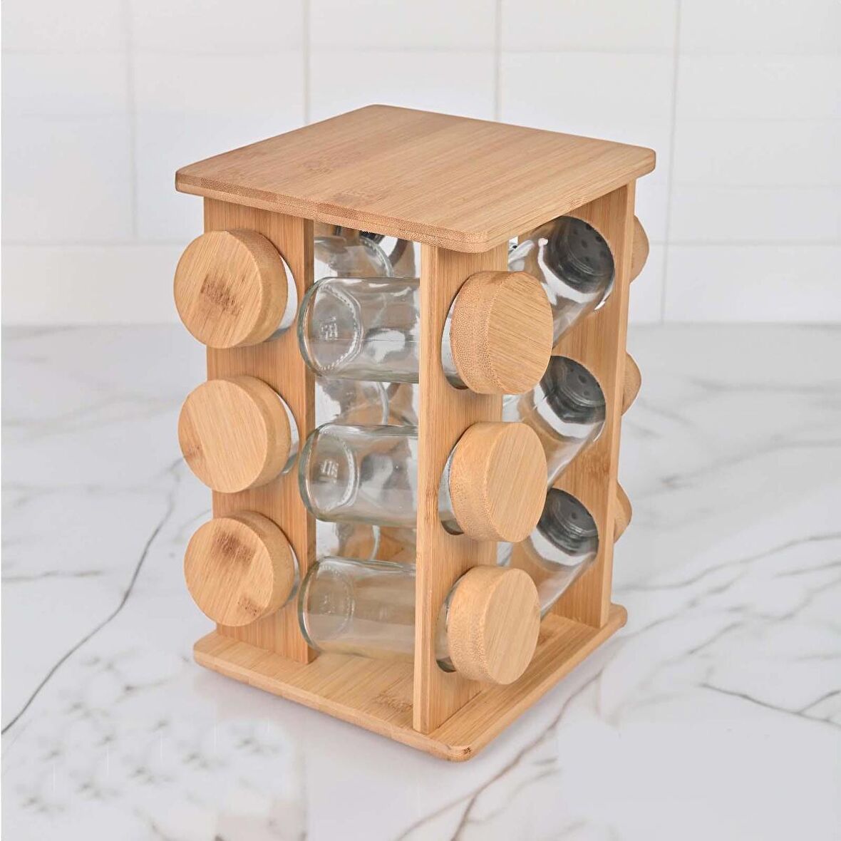 Tezgahüstü Dönerli Stand Cam Baharatlık 12li Bambu Kapaklı 