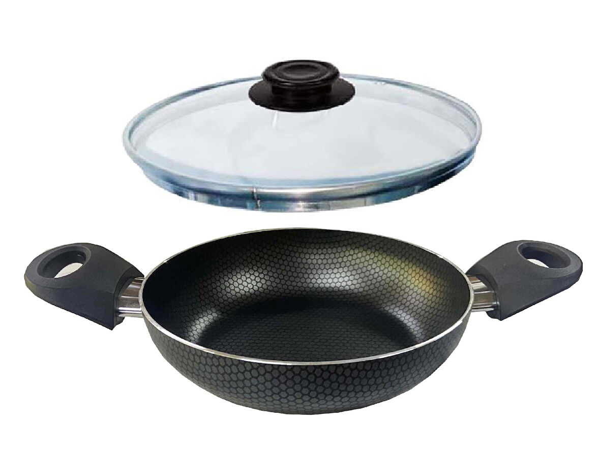Mehtap Teflon Sahan 20 CM Petek Desenli Cam Kapaklı