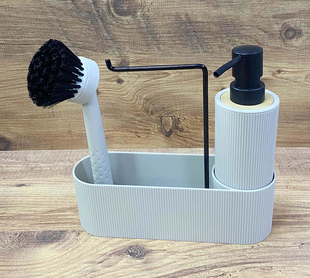 Hazneli Lavabo Fırçası Sıvı Sabunluk Süngerlik Vizon Renk
