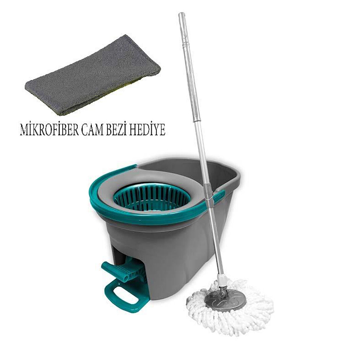 Pedallı Dönerli Mop Seti Mikrofiber Bezli ve Mikrofiber Cam Bezi Hediyeli