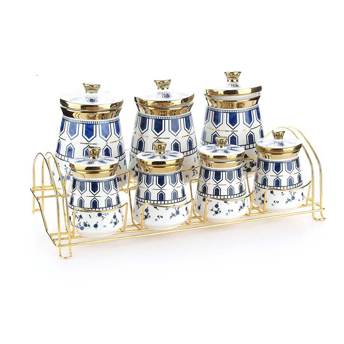 Baharat Takımı Metal Standlı Mavi Desenli Porselen