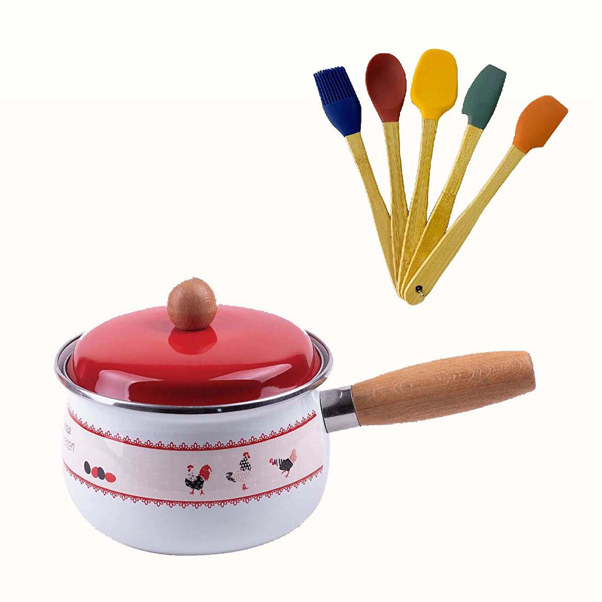 Emaye Sos Tavası Horoz Desenli 14 CM Kırmızı Kapaklı ve Silikon Spatula Seti