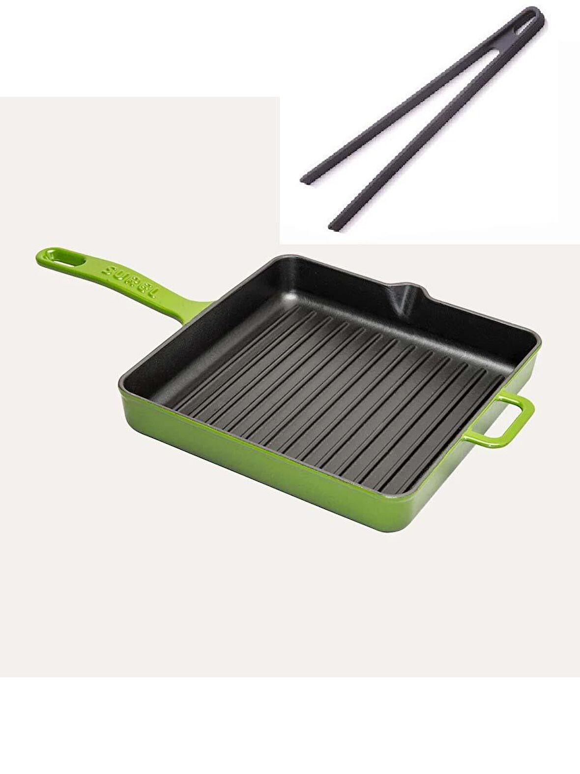 Döküm Kare Izgara Tava 30 CM Yeşil Silikon Maşa