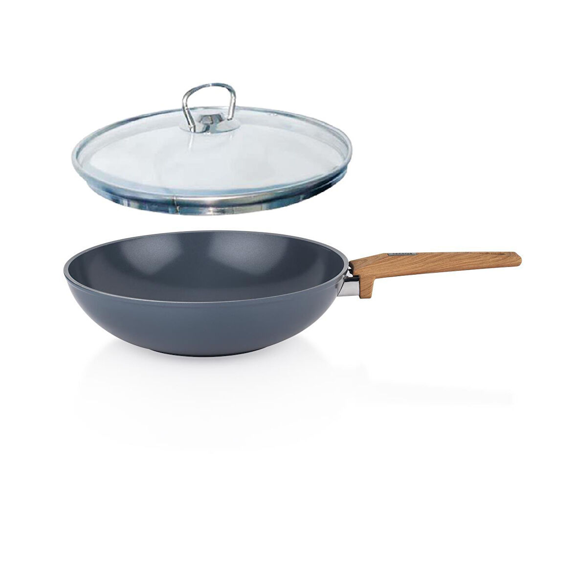 Schafer Seramik Wok Tava 28 CM Yanmaz Yapışmaz Yüzey Cam Kapaklı