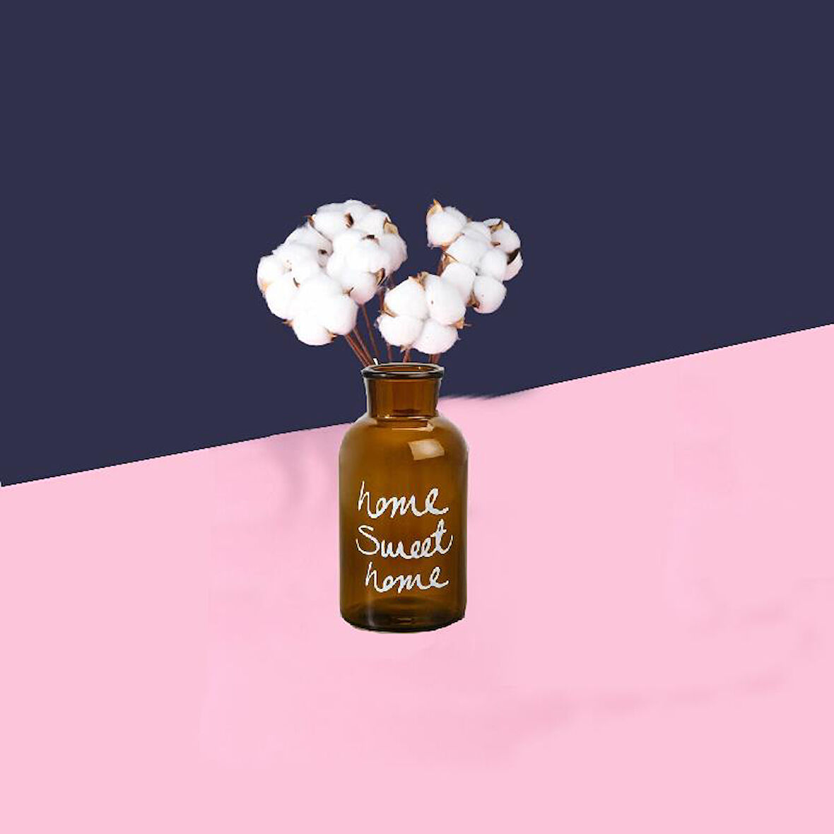 Cam Vazolu Pamuk Çiçek Dekor Amber Renk Gerçek Pamuk Kozalı