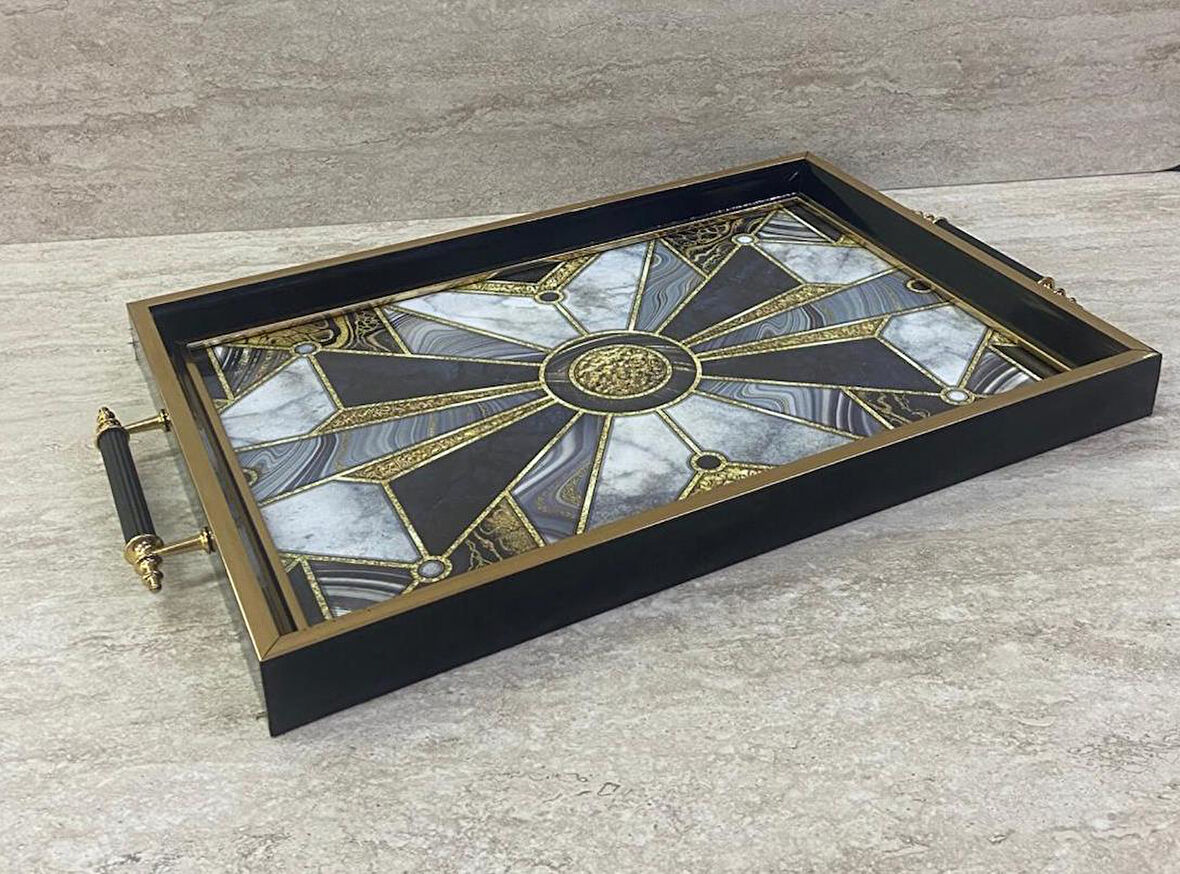 Dijital Baskılı Cam Servis Tepsisi – Modern Desenli, Metal Kulplu 42x29 cm