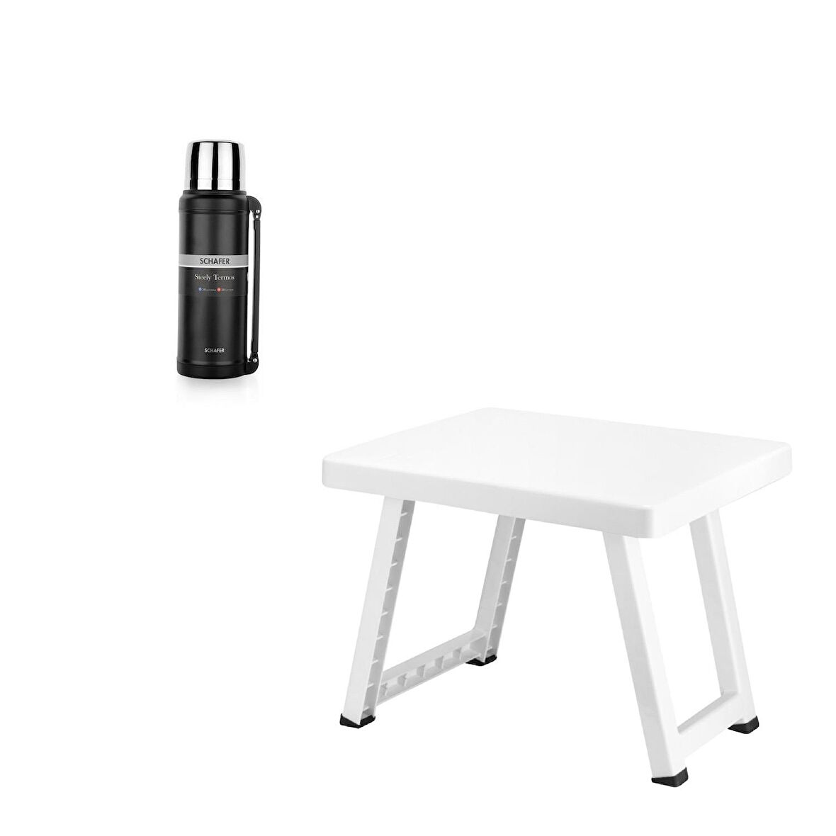 Çelik Termos 2000 ML Siyah Renk ve Plastik Katlanır Sehpa