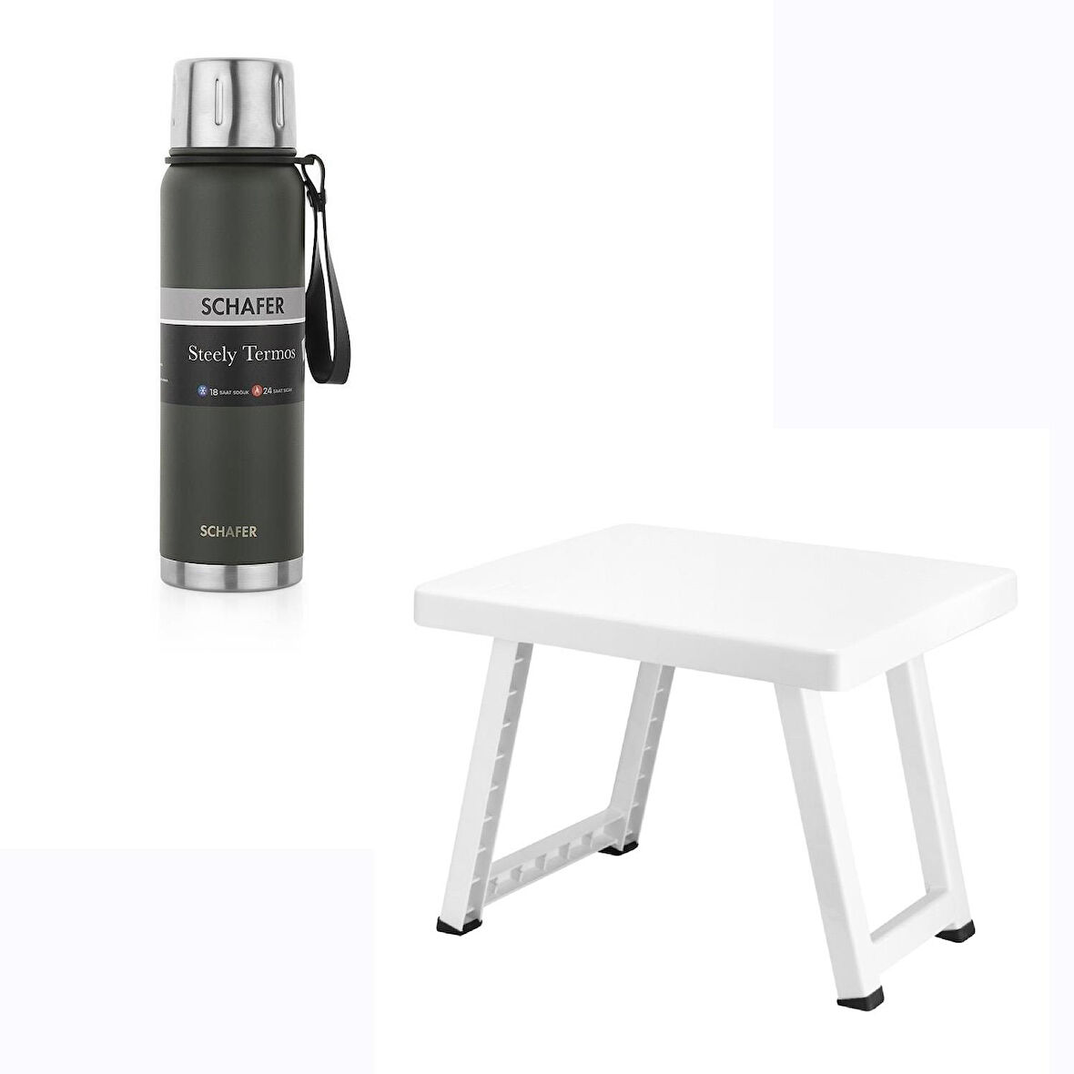 Çelik Termos 750 ML Yeşil Renk ve Plastik Kamp Sehpası