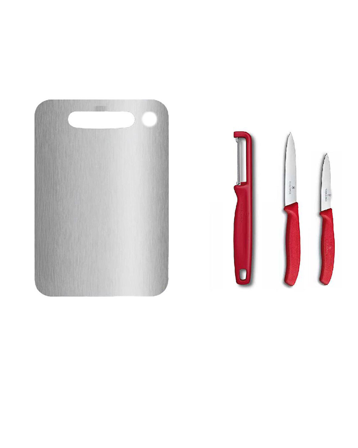 Çelik Kesme Tahstası ve Victorinox Kırmızı Düz Soyma Bıçağı 8 CM - 10 CM ve Domates Sebze Soyacağı 3lü Set