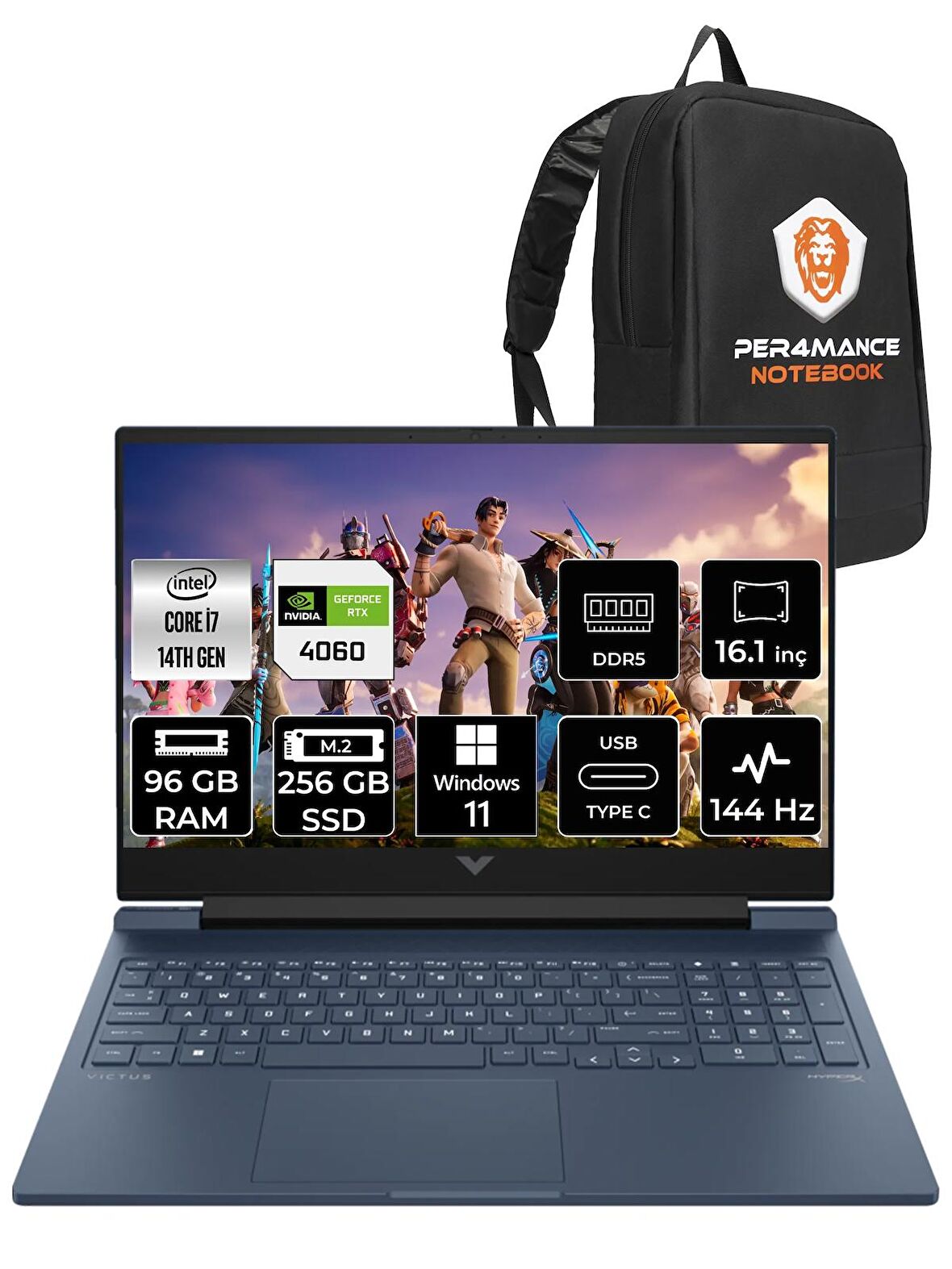HP VİCTUS 16 i7 14700HX 96GB 256GB SSD RTX4060/8GB 144HZ 16.1'' FHD W11PRO 9J205EA & PER4 ÇANTA