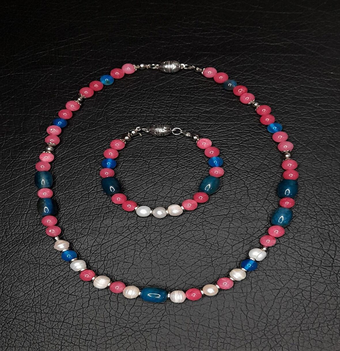 Mavi -pembe Akik İncili Kolye Bileklik Seti