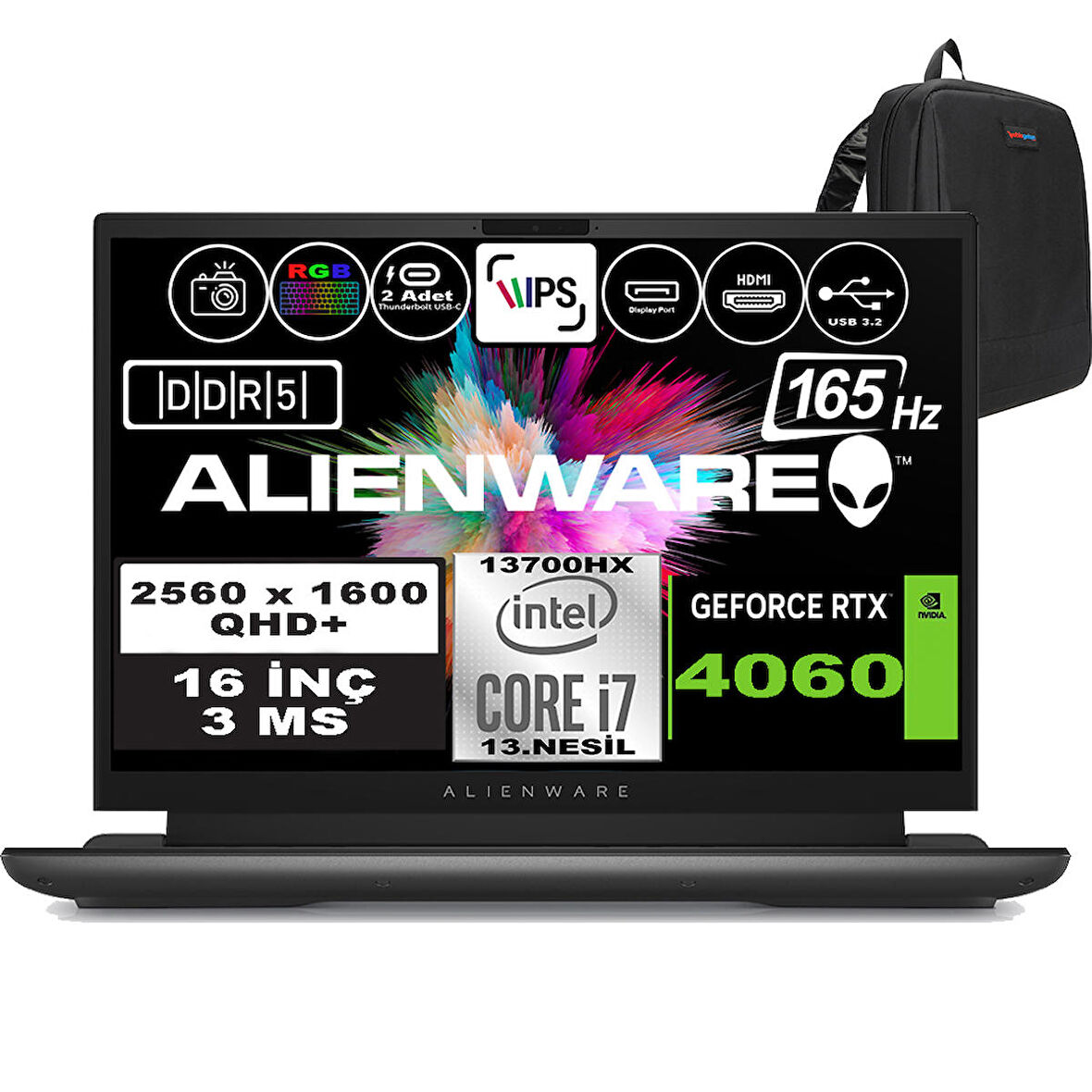 Dell Alienware M16 R1 Intel Core I7-13700HX 16GB Ddr5 4tb SSD RTX4060 8gb 16 Inç 165Hz Qhd+  3ms Windows 11 Home Gaming Laptop AWM16I7X60WH04 + Zetta Çanta