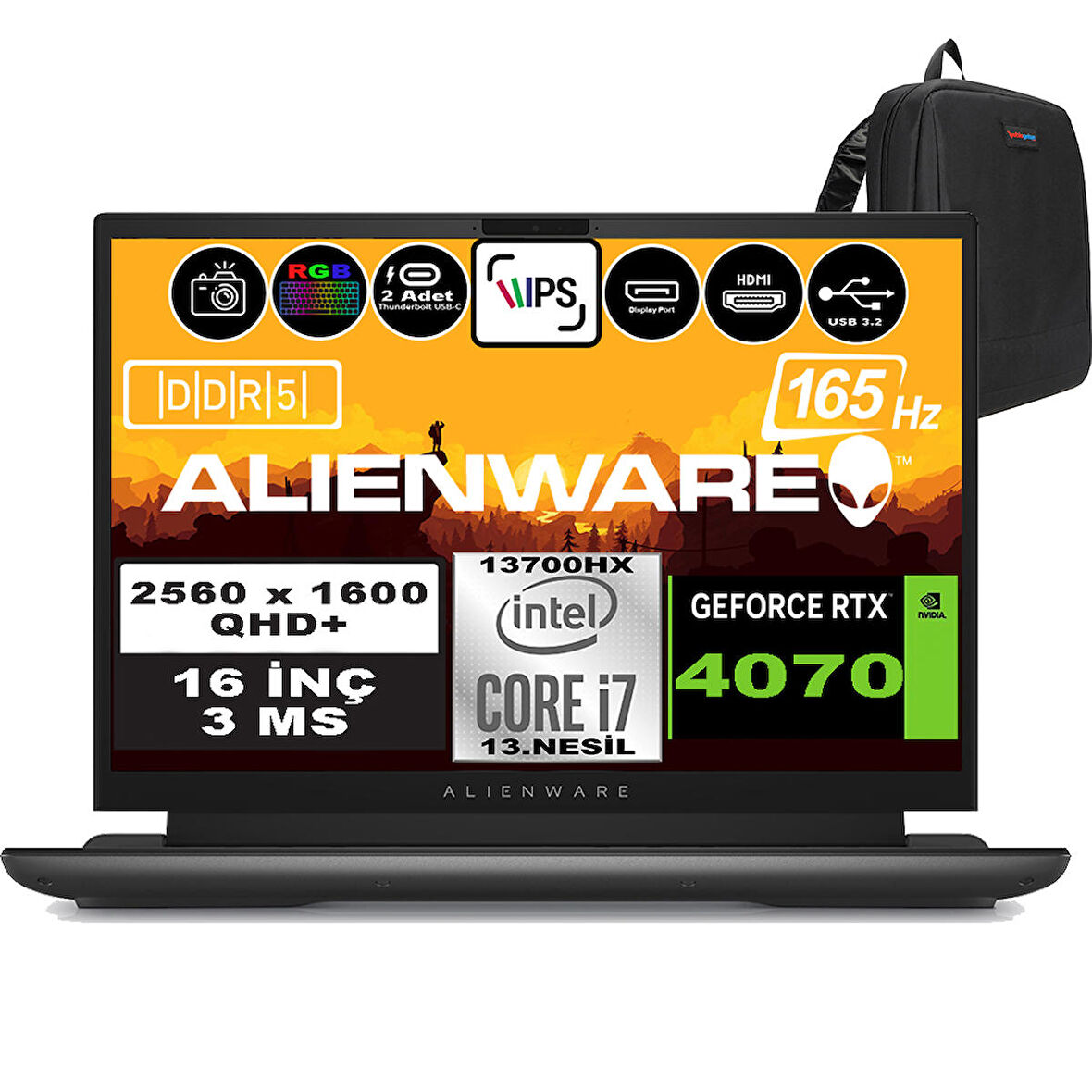 Dell Alienware M16 R1 Intel Core I7-13700HX 96GB Ddr5 512GB SSD RTX4070 8gb 16 Inç 165Hz Qhd+  3ms Windows 11 Home Gaming Laptop AWM16I7X70WH13 + Zetta Çanta