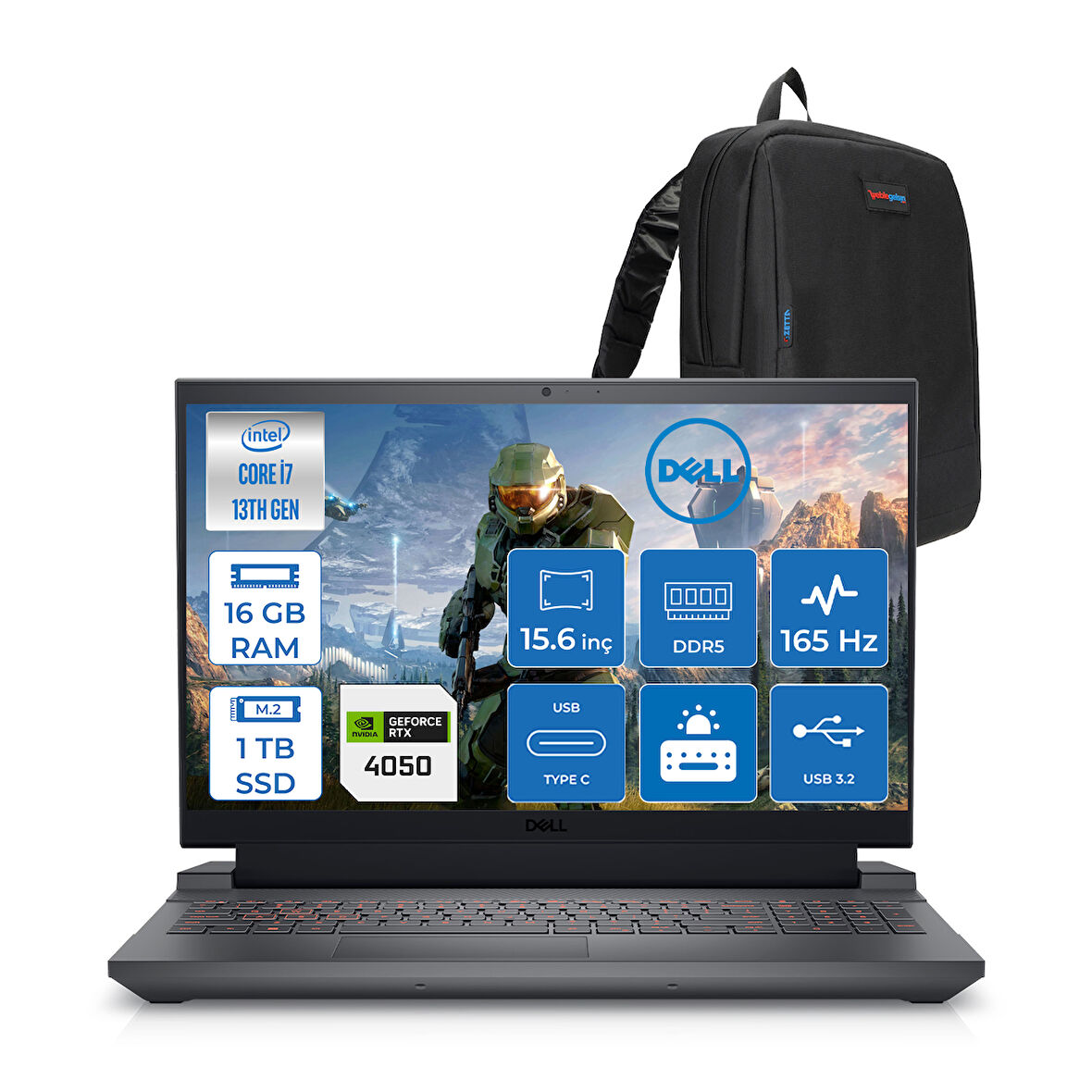 Dell Gaming G15 5530 Intel Core I7 13650HX 16GB Ddr5 1tb SSD Freedos RTX4050 6gb 140W 15.6" Fhd (1920X1080) 165HZ 3ms 300 Nits Taşınabilir Bilgisayar G155530010UF02 + Zetta Çanta