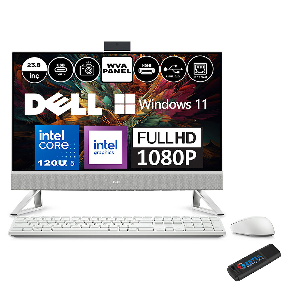 Dell Inspiron 5430 Intel Core 5 120U 64GB 2tb SSD Intel® Graphics Windows 11 Pro 23.8 Inç Fullhd All In One Bilgisayar I5430AIO1025WP11+ Zetta Flash Bellek