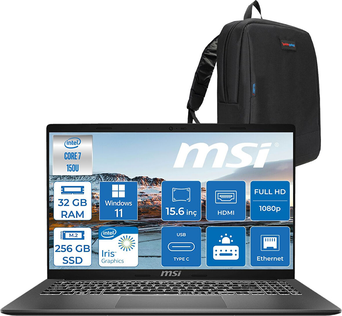 Msı Modern 15 Intel Core 7 150U 32GB 256GB SSD Intel® Graphics Windows 11 Home 15.6" IPS Fullhd (1920X1080) Taşınabilir Bilgisayar F1MG632XTRH16 + Zetta Çanta