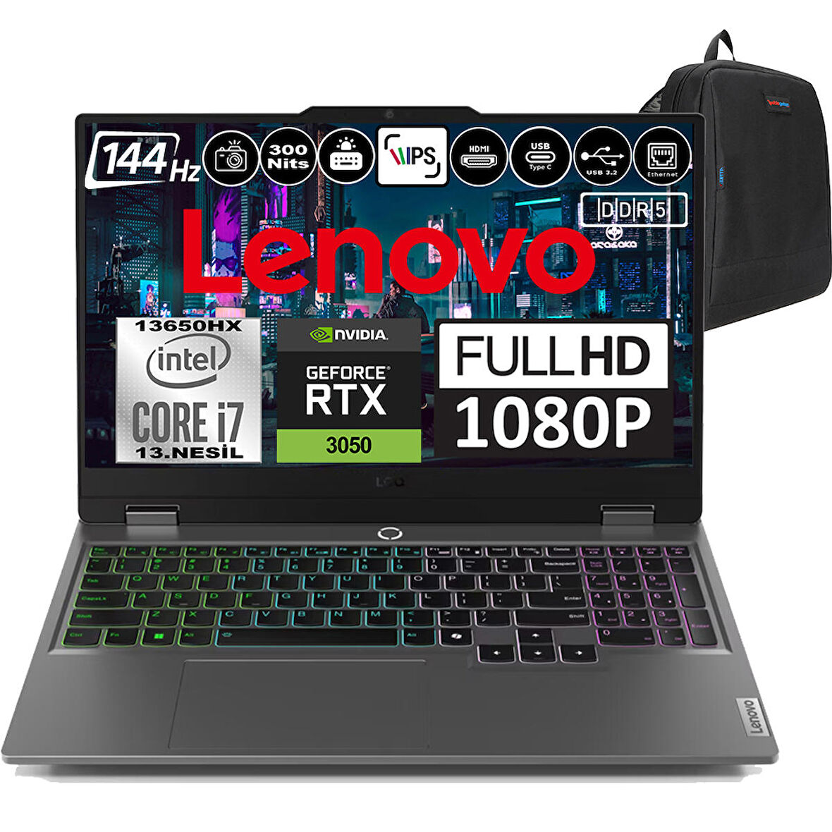 Lenovo Loq 15IRX9 Intel Core I7 13650HX Ddr5 16GB 512GB SSD Rtx 3050 6gb 300NITS 15.6" 144Hz Fhd Freedos Taşınabilir Bilgisayar 83DV00G5TRF01 + Zetta Çanta