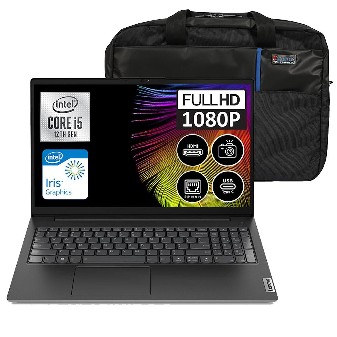 Lenovo V15 Gen3 Intel Core i5 1235U 40 GB 1 TB SSD Intel Iris Xᵉ Freedos 15.6" FHD Taşınabilir Bilgisayar 82TT008PTX08 + Zetta Çanta
