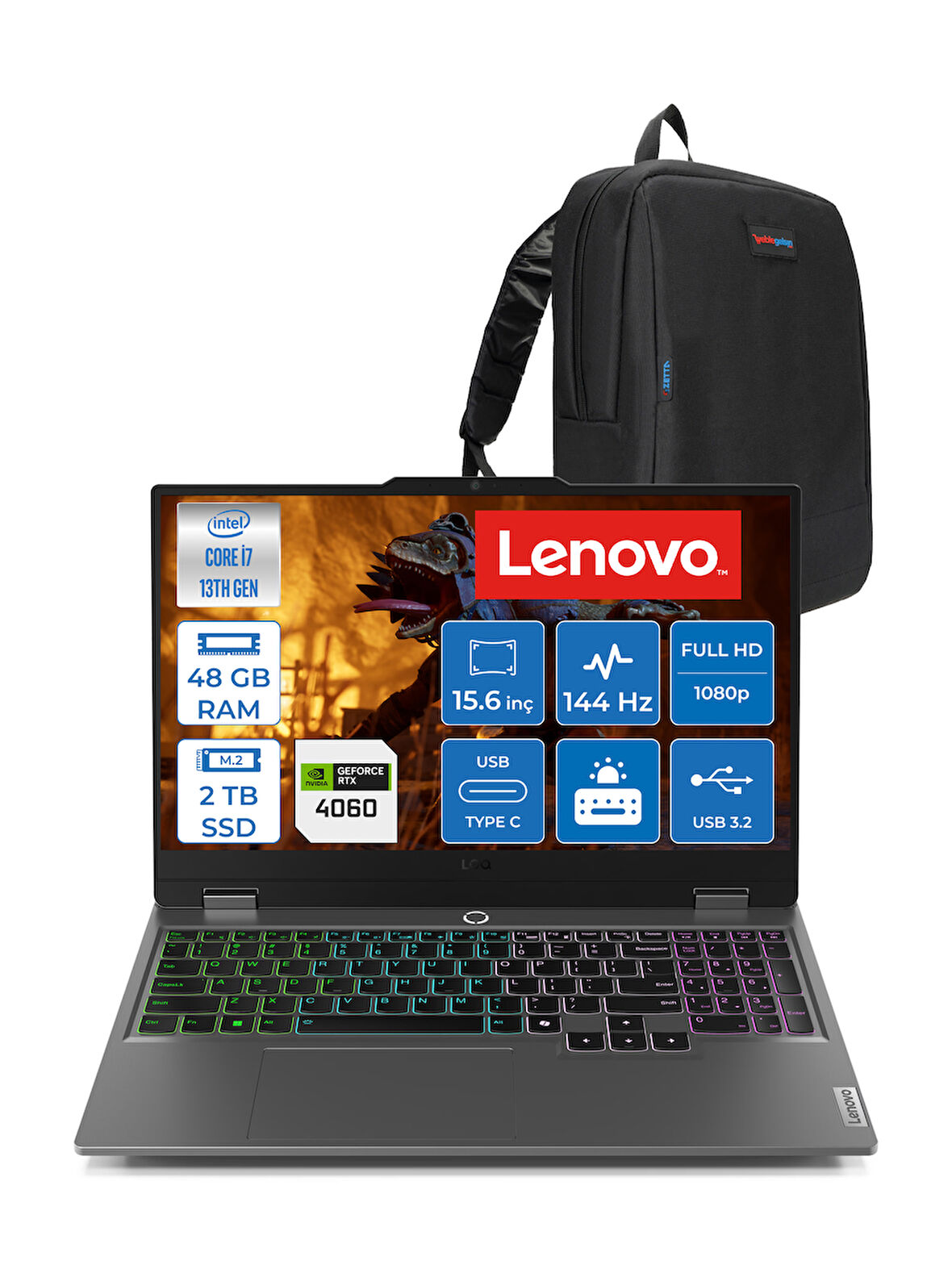Lenovo Loq 15IRX9 Intel Core I7 13650HX 48GB Ddr5 2tb SSD RTX4060 8gb 115W 15.6" Fullhd 144HZ 300NITS IPS Freedos Taşınabilir Bilgisayar 83DV011HTRF19 + Zetta Çanta