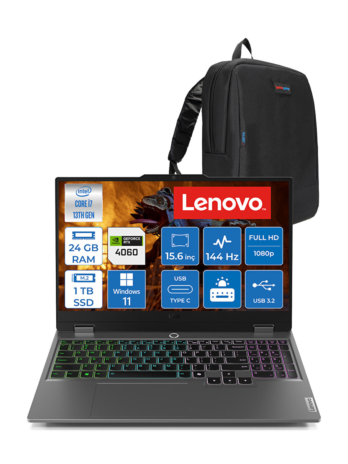 Lenovo Loq 15IRX9 Intel Core I7 13650HX 24GB Ddr5 1tb SSD RTX4060 8gb 115W 15.6" Fullhd 144HZ 300NITS IPS Windows 11 Home Taşınabilir Bilgisayar 83DV011HTRH06 + Zetta Çanta