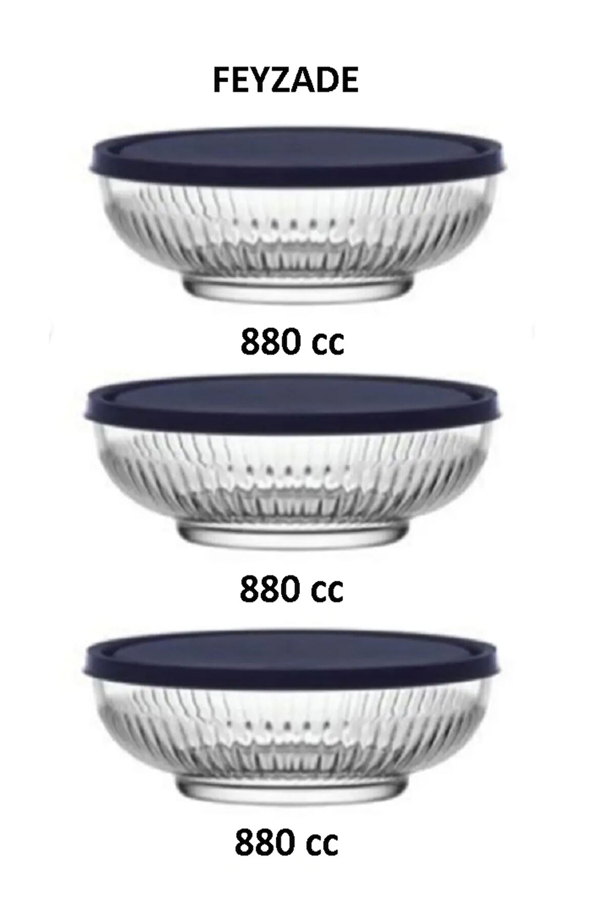 Feyzade Tokyo Saklama Kabı Seti 3'lü (880CC X 3 ADET) Lacivert Kapaklı
