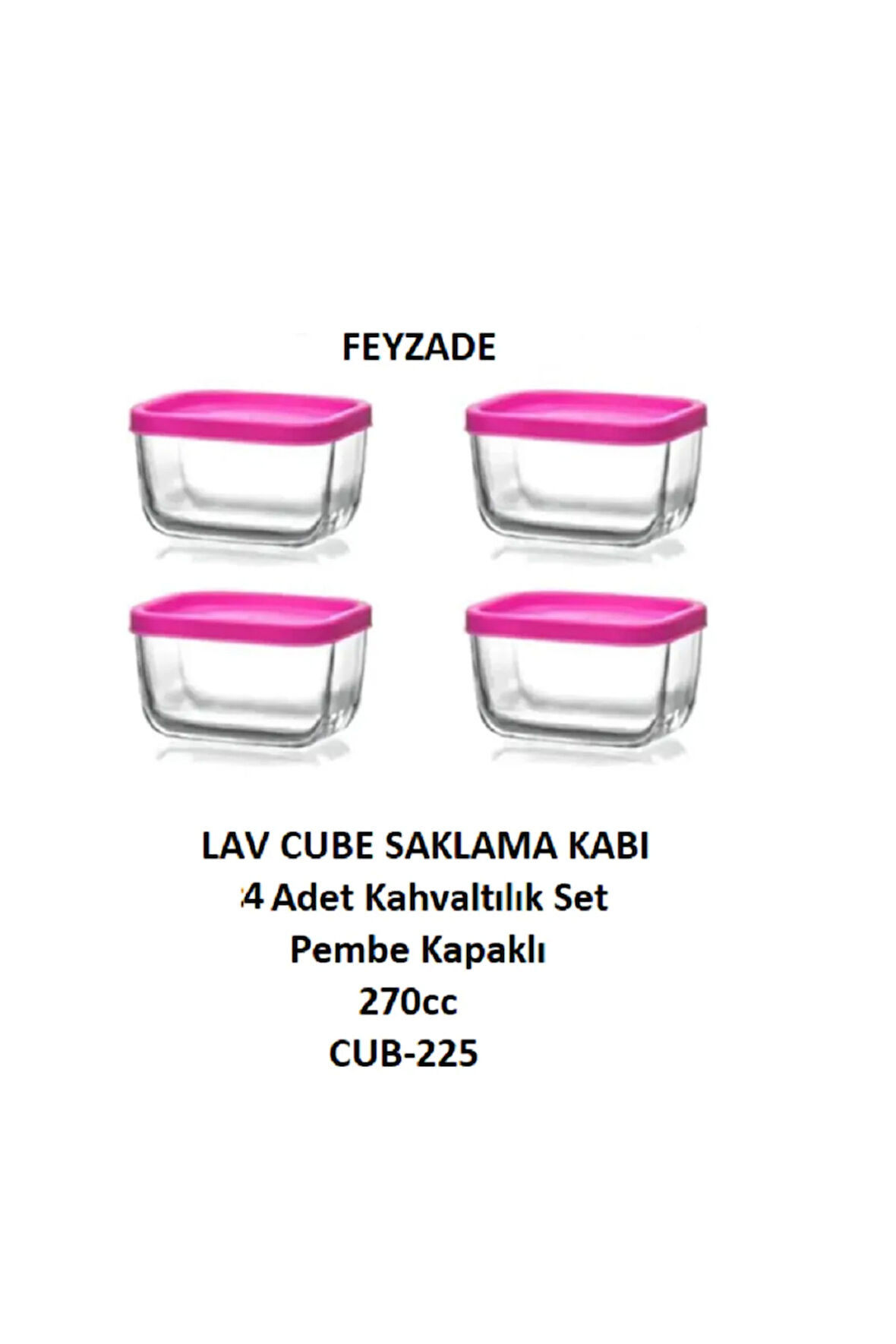 Feyzade Cube Kahvaltılık Saklama Kabı Seti 4 Adet 270cc (CUB-225) Pembe Kapak