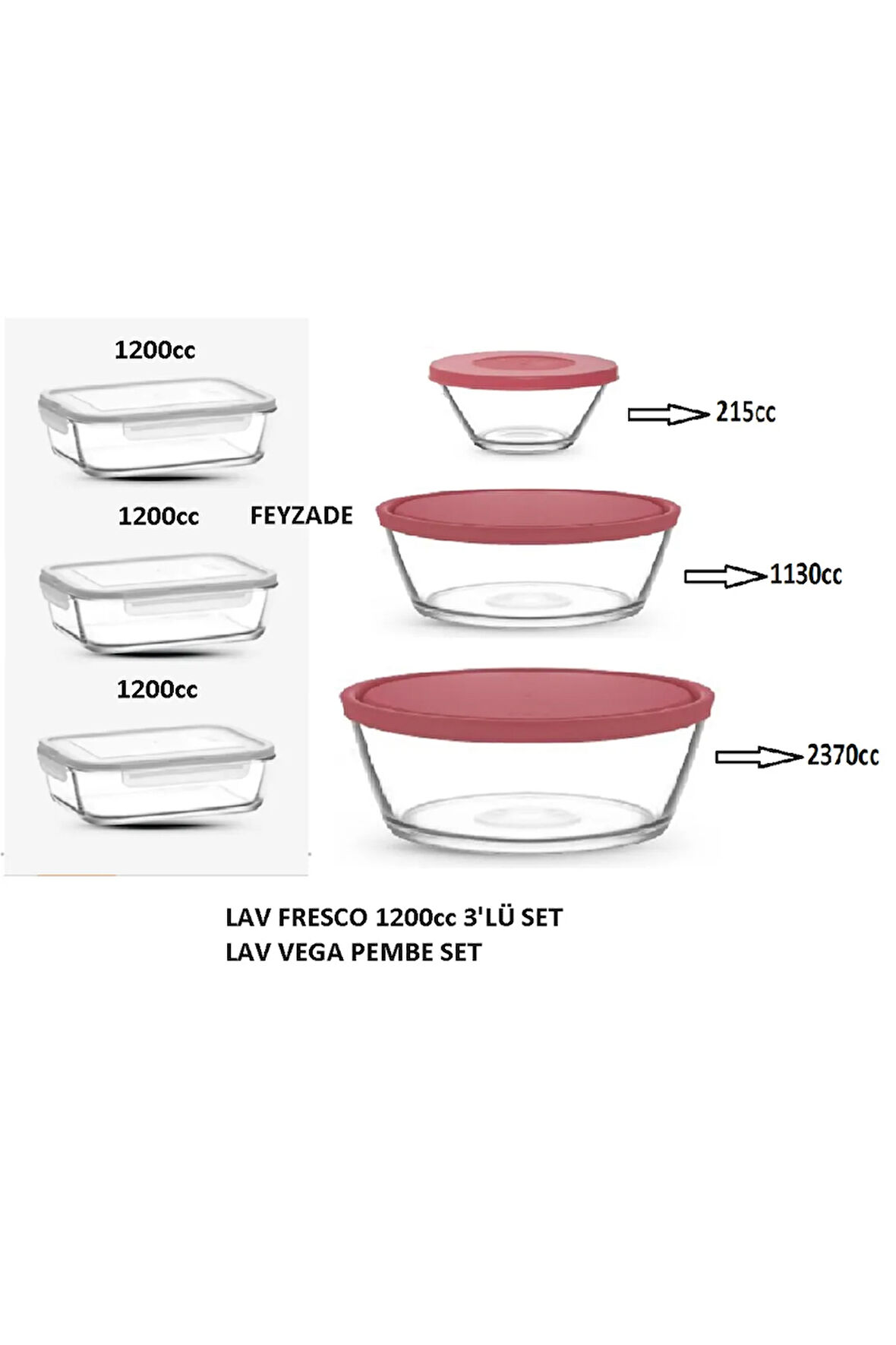 FEYZADE FRESCO Kilitli Cam Saklama Kabı Seti 3 adet 1200cc BEYAZ KAPAK - VEGA Saklama Kabı PEMBE