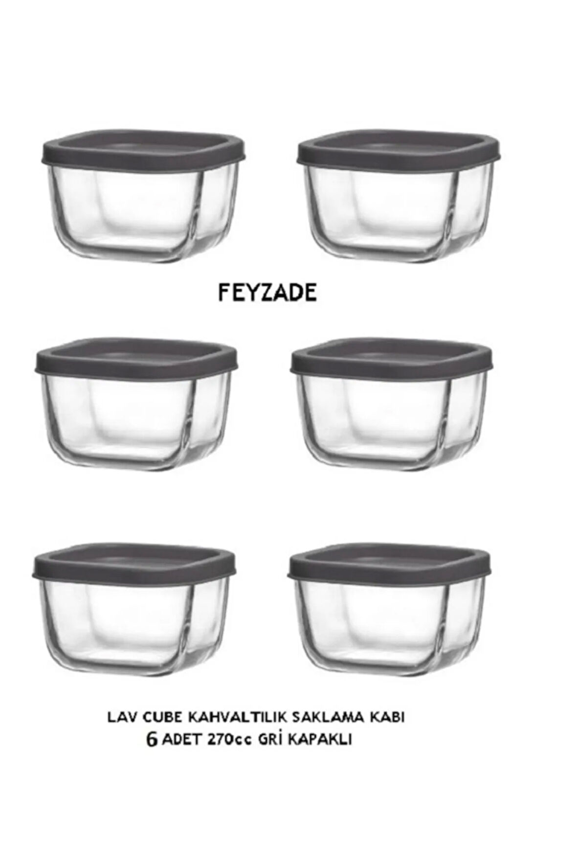 FEYZADE CUBE Kahvaltılık Saklama Kabı Seti 6 adet 270cc GRİ KAPAKLI (CUB-225)