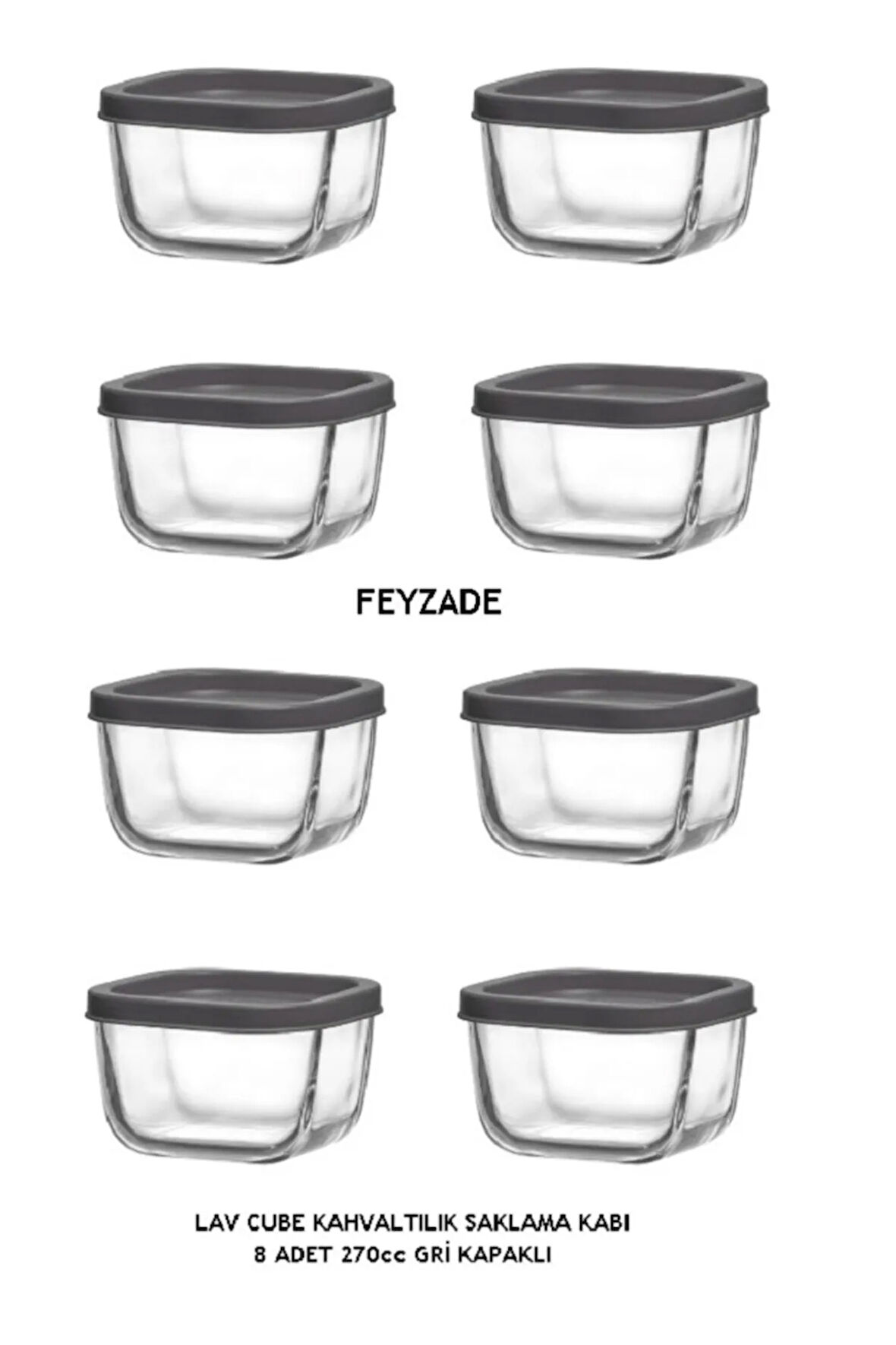 FEYZADE CUBE Kahvaltılık Saklama Kabı Seti 8 adet 270cc GRİ KAPAKLI (CUB-225)