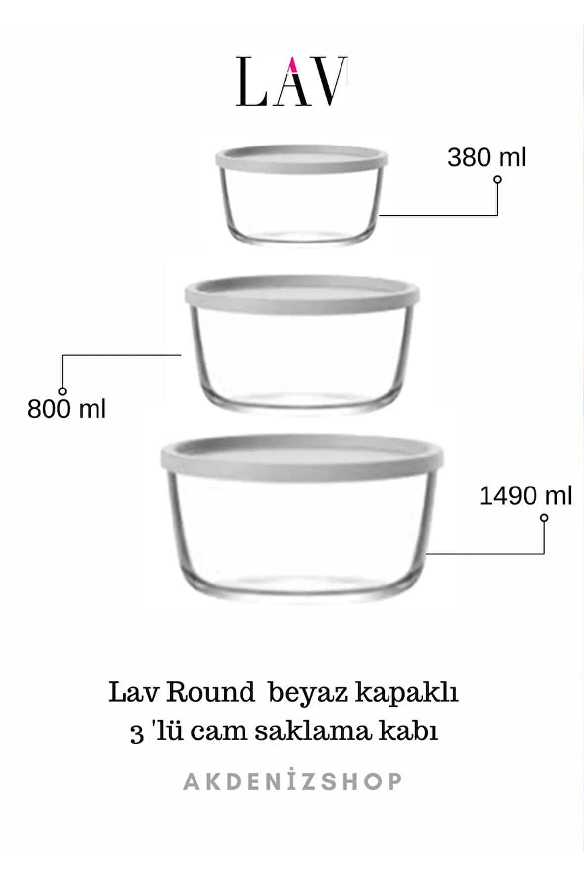 Round Saklama Kabı Seti (1490CC - 800CC - 380CC) Beyaz Kapaklı