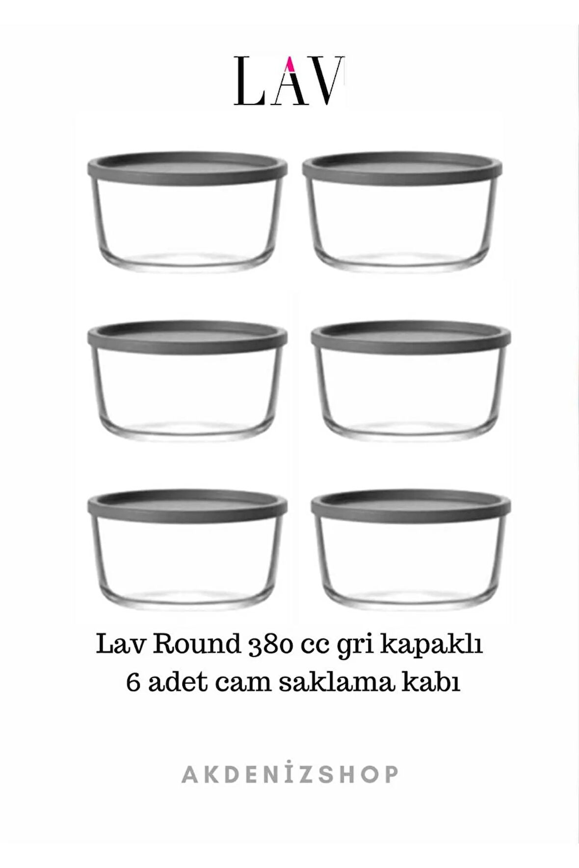 Round 380 cc gri vakumlu kapak 6 adet cam  saklama kabı