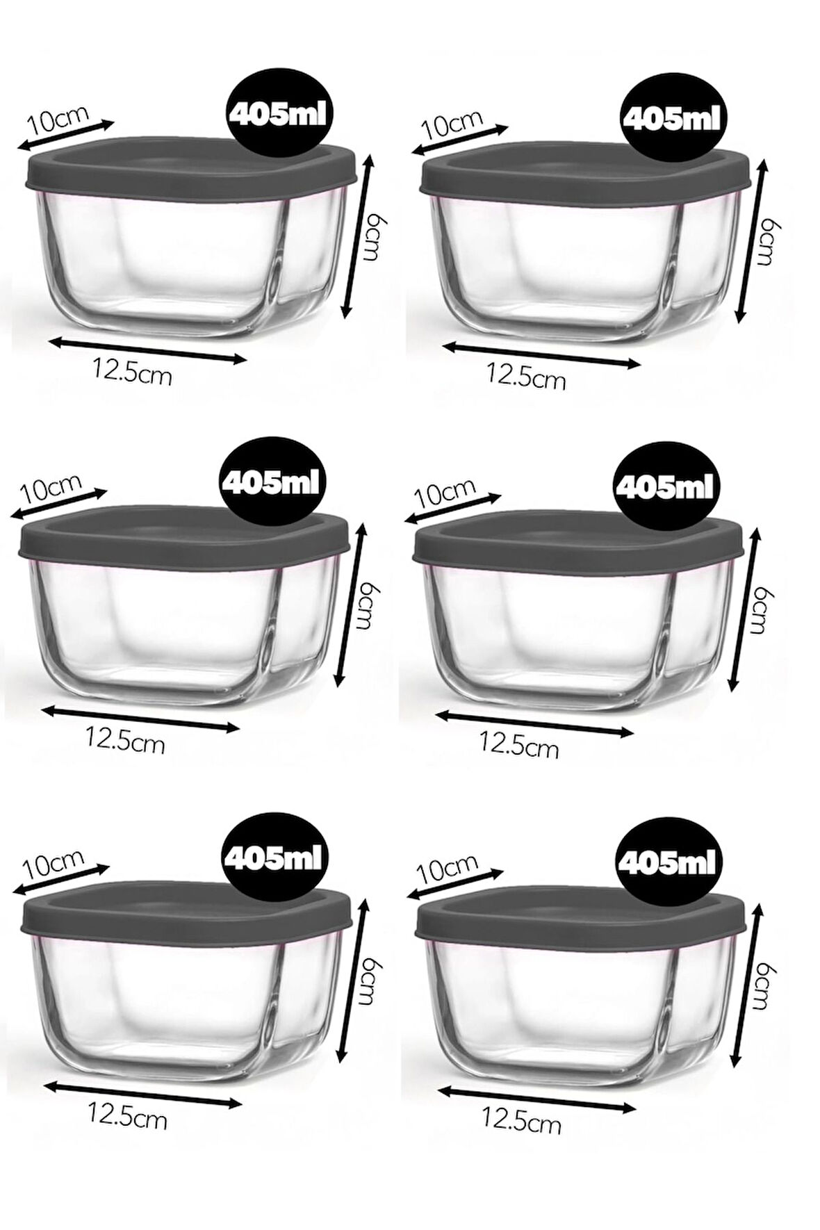 Lav saklama kabı cam kahvaltılık 6 lı - saklama seti 405 cc gri