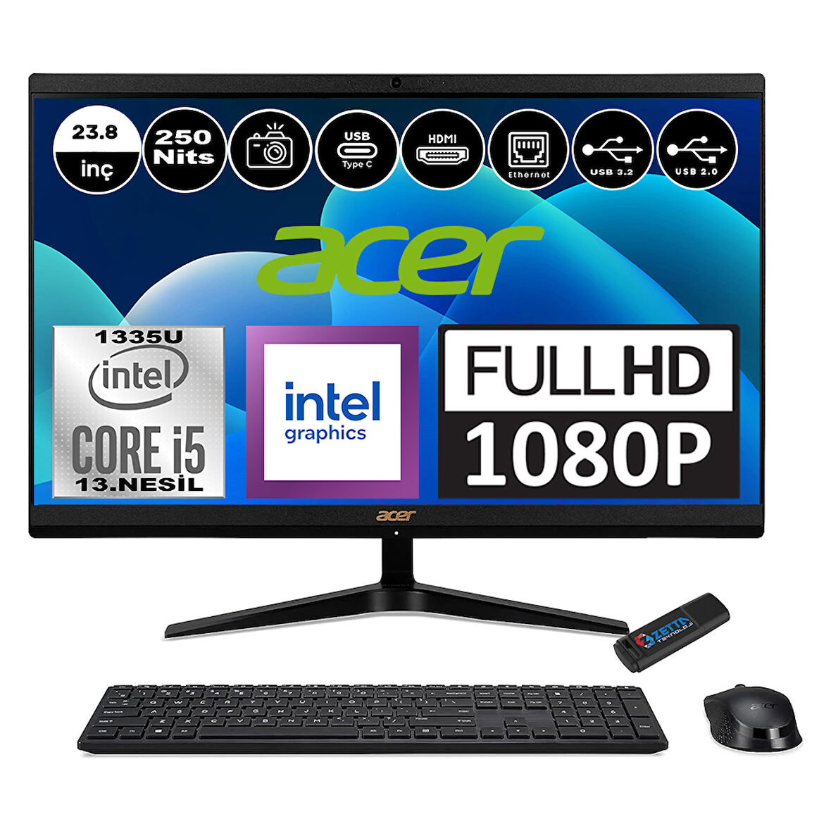 Acer Aspire C24-1800 Intel Core I5 1335U 16GB 4tb SSD Windows 11 Home 23.8" Fullhd LED 250NITS All In One Bilgisayar DQBKMEM006H05  + Zetta Flash Bellek