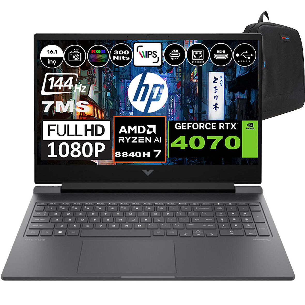 Hp Victus 16-S1002NT Amd Ryzen 7 8840H 96GB Ram 512GB SSD Windows 11 Pro 16.1 Inç Fhd 144Hz 7ms 300NİT 8GB-RTX4070 Taşınabilir Bilgisayar A05N6EAP09 + Zetta Çanta