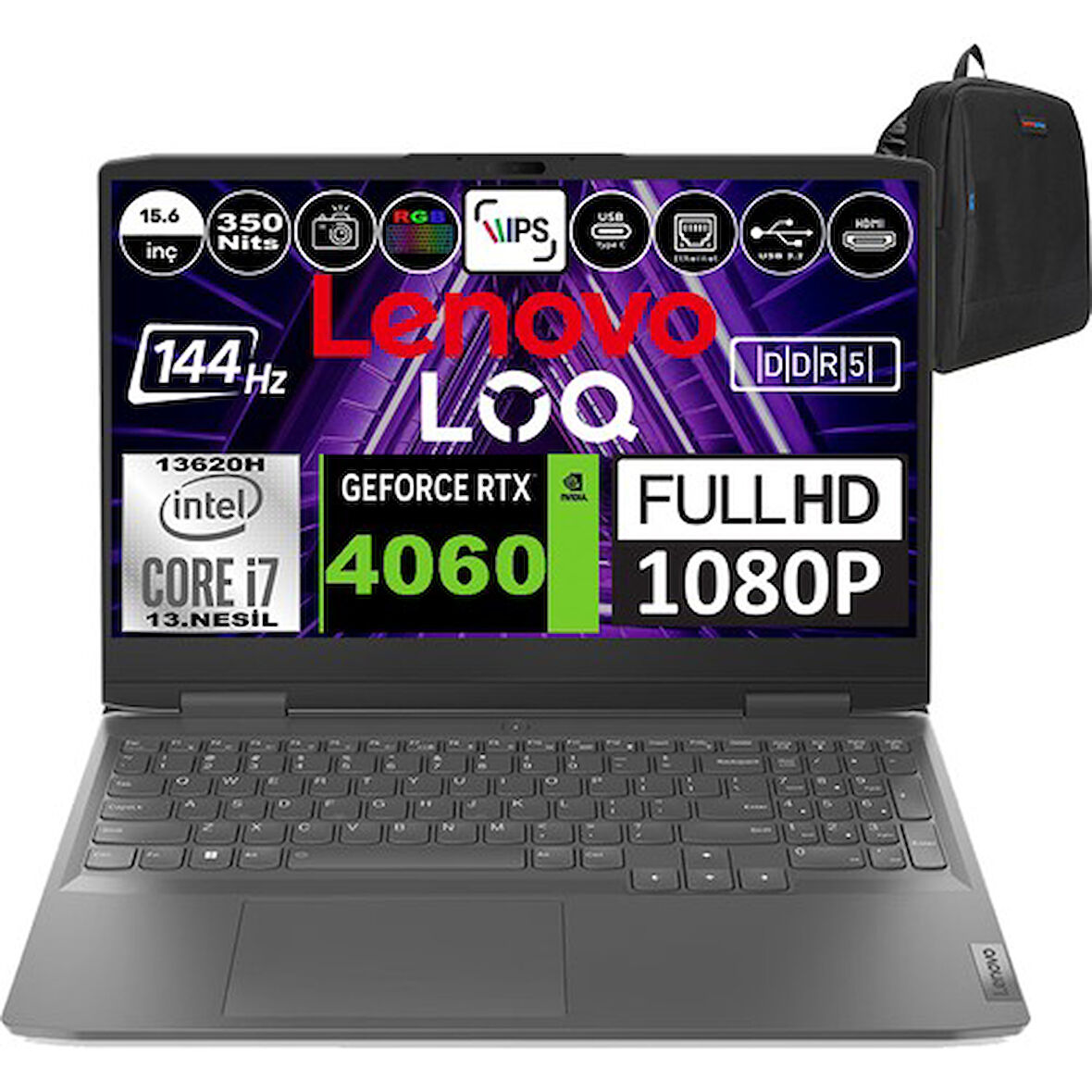 Lenovo Loq 15IRH8 Intel Core I7 13620H 32GB Ddr5 1tb SSD 8gb RTX4060 15.6'' Fullhd 144HZ 350NITS Windows 11 Pro Taşınabilir Bilgisayar 82XV00G9TXP06 + Zetta Çanta