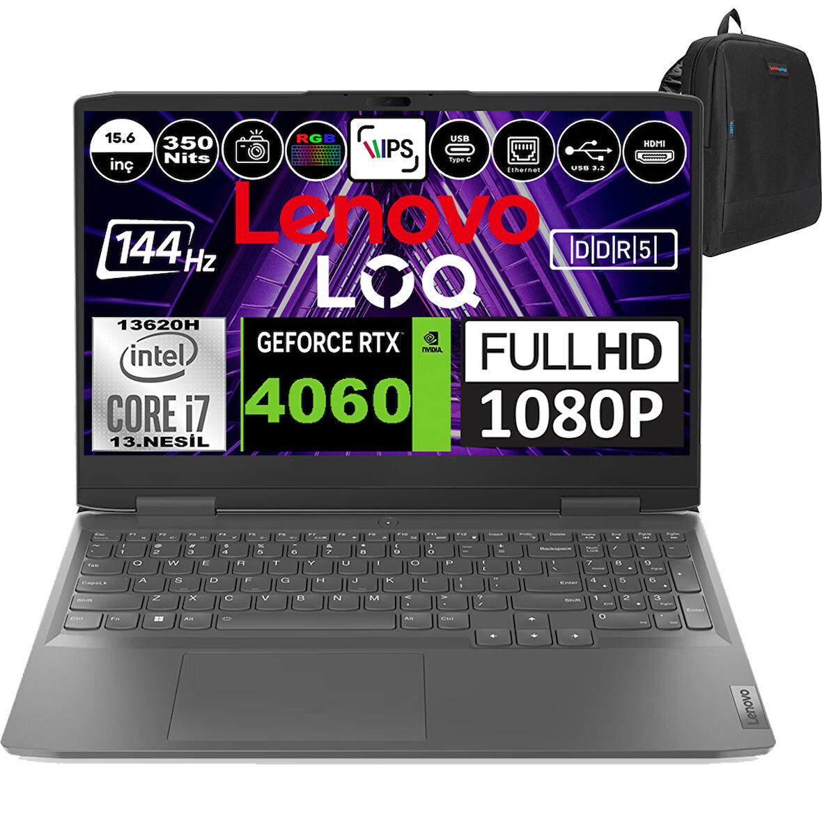 Lenovo Loq 15IRH8 Intel Core I7 13620H 64GB Ddr5 2tb SSD 8gb RTX4060 15.6'' Fullhd 144HZ 350NITS Windows 11 Pro Taşınabilir Bilgisayar 82XV00G9TXP15 + Zetta Çanta