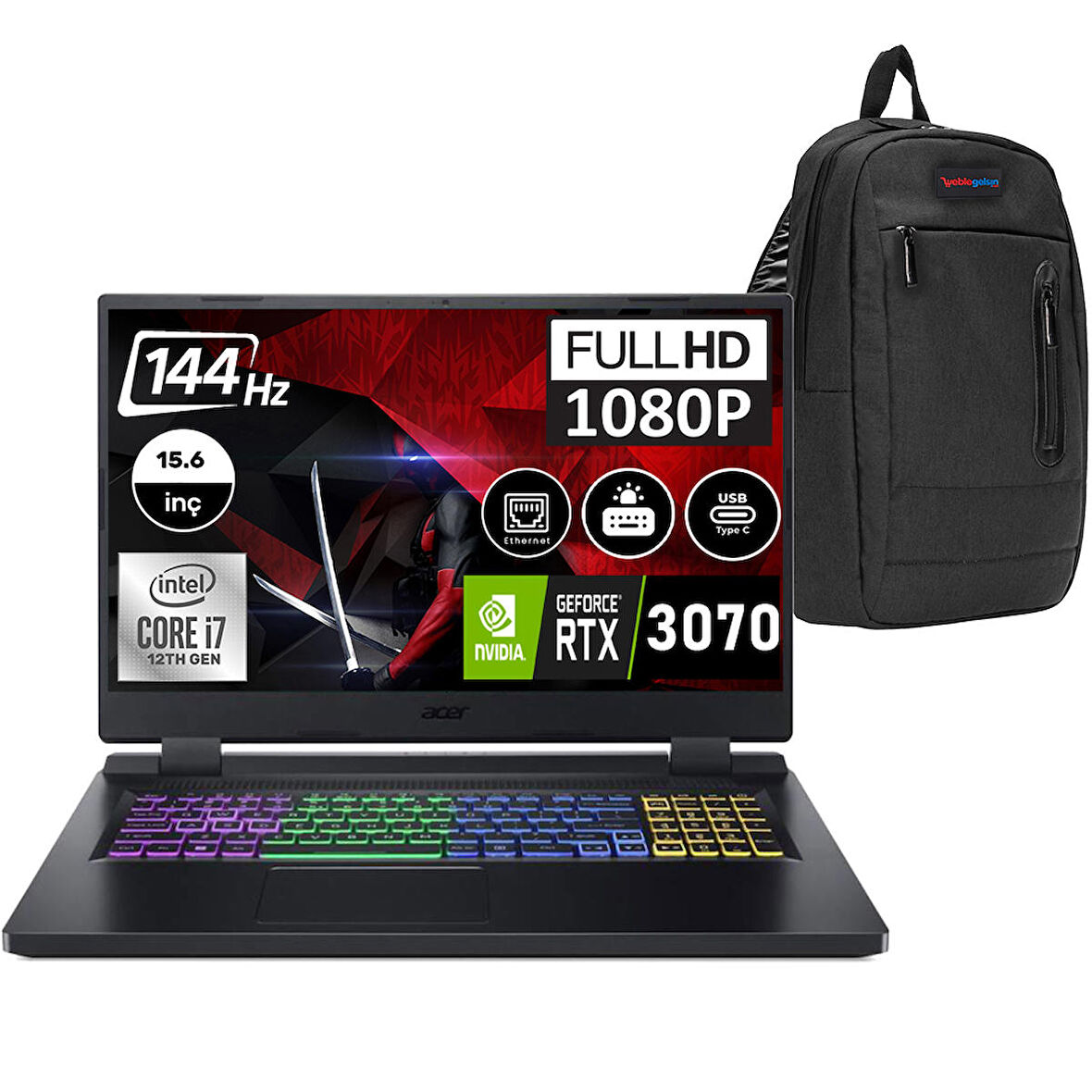 Acer Nitro 5 AN515-58 Intel Core I7 12700H 16 GB 2 TB SSD RTX3070 8 GB Windows 11 Pro 144HZ 15.6" FHD Taşınabilir Bilgisayar NHQGAEYP003+ Zetta Çanta